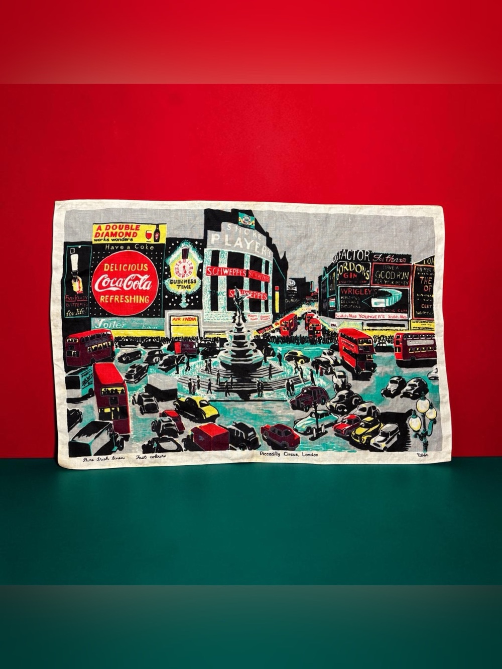 Vintage Souvenir Piccadilly Circus London Tea Towel Mid Century Street Scene